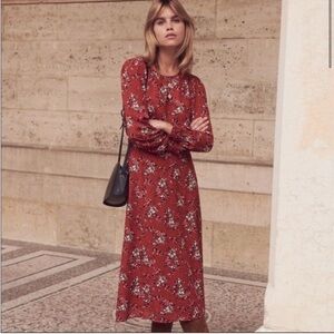 Sezane Juliane Dress; Red floral lined Midi; Size US 2/FR 34